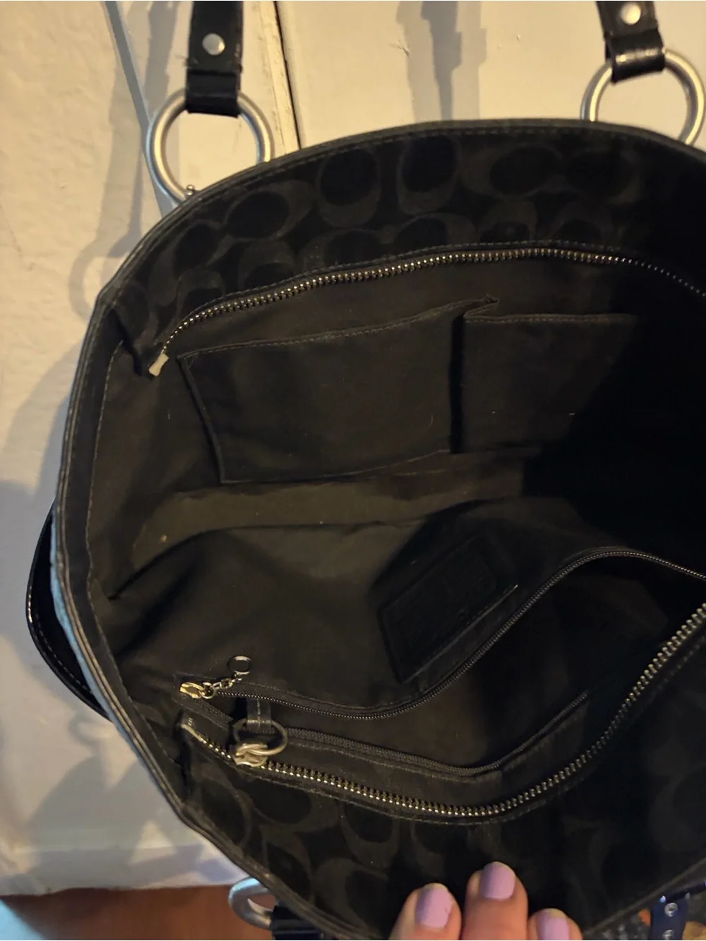 Black Signature Coach Tote Bag with Studded Trim